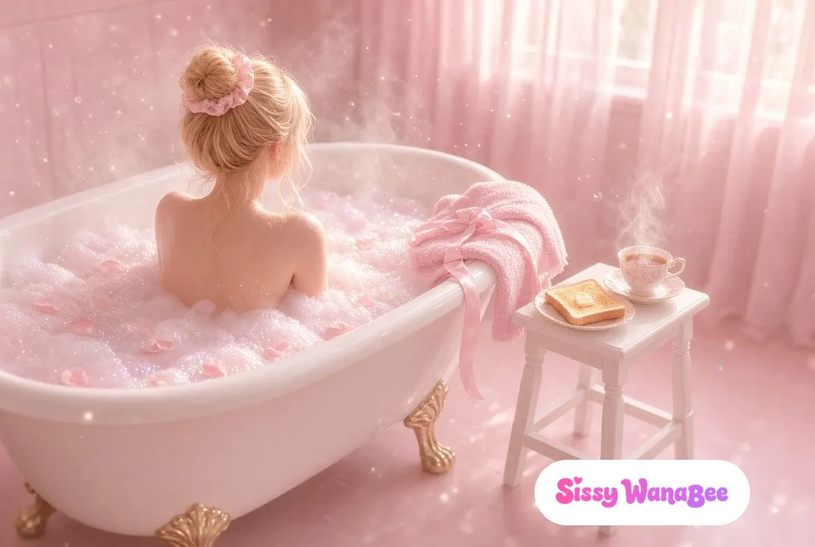 Pastel pink bathroom in morning light: a figure seen from behind, blonde hair in a messy bun with a pink ruffled scrunchie, sits in a white clawfoot bathtub with gold feet, bare shoulders above milky pink bubbles scattered with rose petals and glitter, steam rising; a fluffy pink towel tied with a pink satin ribbon hangs on the rim; on a white wooden stool beside it, a slice of buttered toast on a gold-rimmed plate and a rose-painted teacup of steaming tea; sheer pink curtains glowing behind, no face in frame