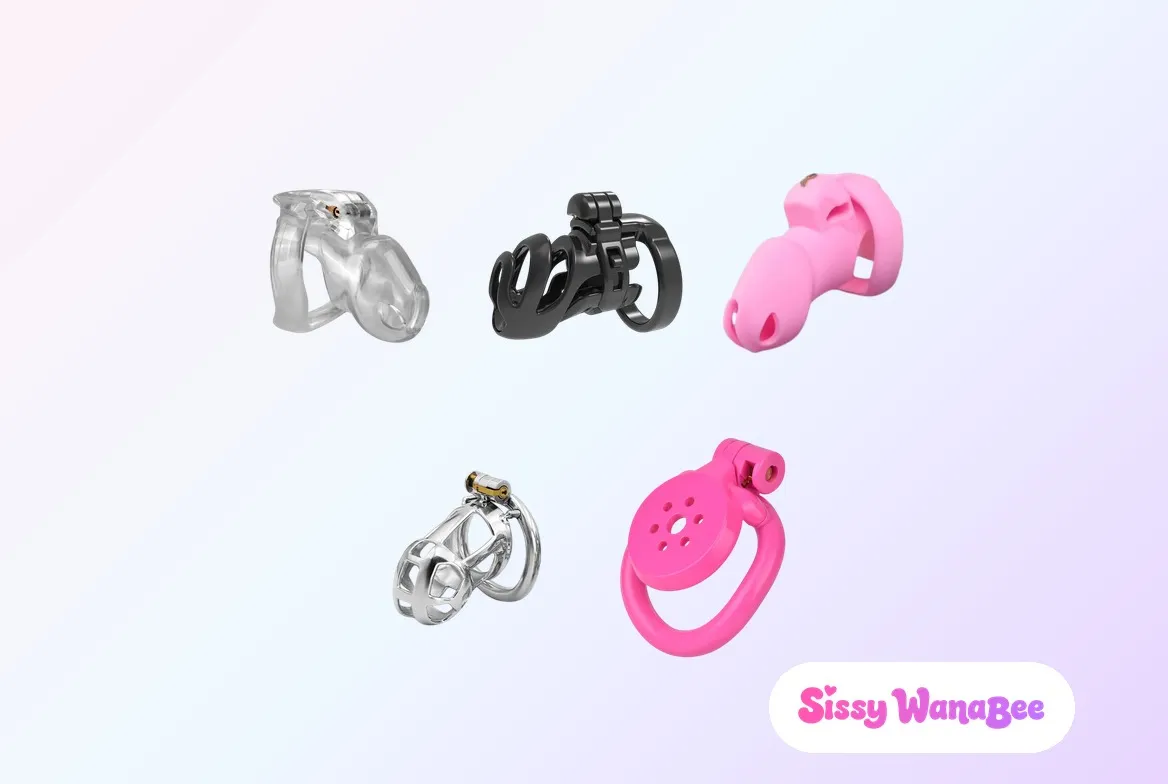 Overhead studio shot of five beginner chastity cages arranged in a three plus two grid on a polished cream and pink marble vanity, a transparent Holy Trainer cage with a black resin cage and a pink silicone cage on the top row above a stainless steel mesh cage and a pink flat disc cage, framed by a cream peony in a brass tray, scattered freshwater pearls and a crystal perfume bottle, the editorial calm of a tested lineup