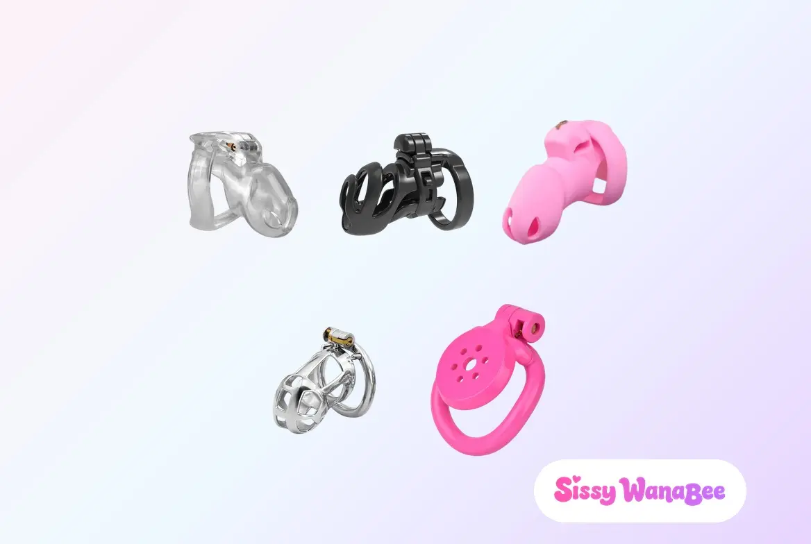 Overhead studio shot of five beginner chastity cages arranged in a three plus two grid on a polished cream and pink marble vanity, a transparent Holy Trainer cage with a black resin cage and a pink silicone cage on the top row above a stainless steel mesh cage and a pink flat disc cage, framed by a cream peony in a brass tray, scattered freshwater pearls and a crystal perfume bottle, the editorial calm of a tested lineup