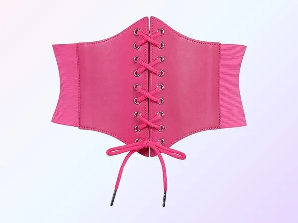 A hot pink corset belt seen from the front, wide elastic sides and a pink lace-up front tied in a bow, on a soft pink and lavender gradient.