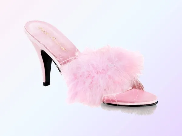A baby pink satin mule with a slim heel and a fluffy pink feather trim across the open toe, seen from the side on a soft pink and lavender gradient.