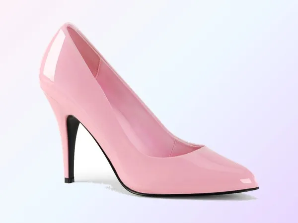 A single baby pink patent pump with a pointed toe and a slim heel, seen from the side on a soft pink and lavender gradient.
