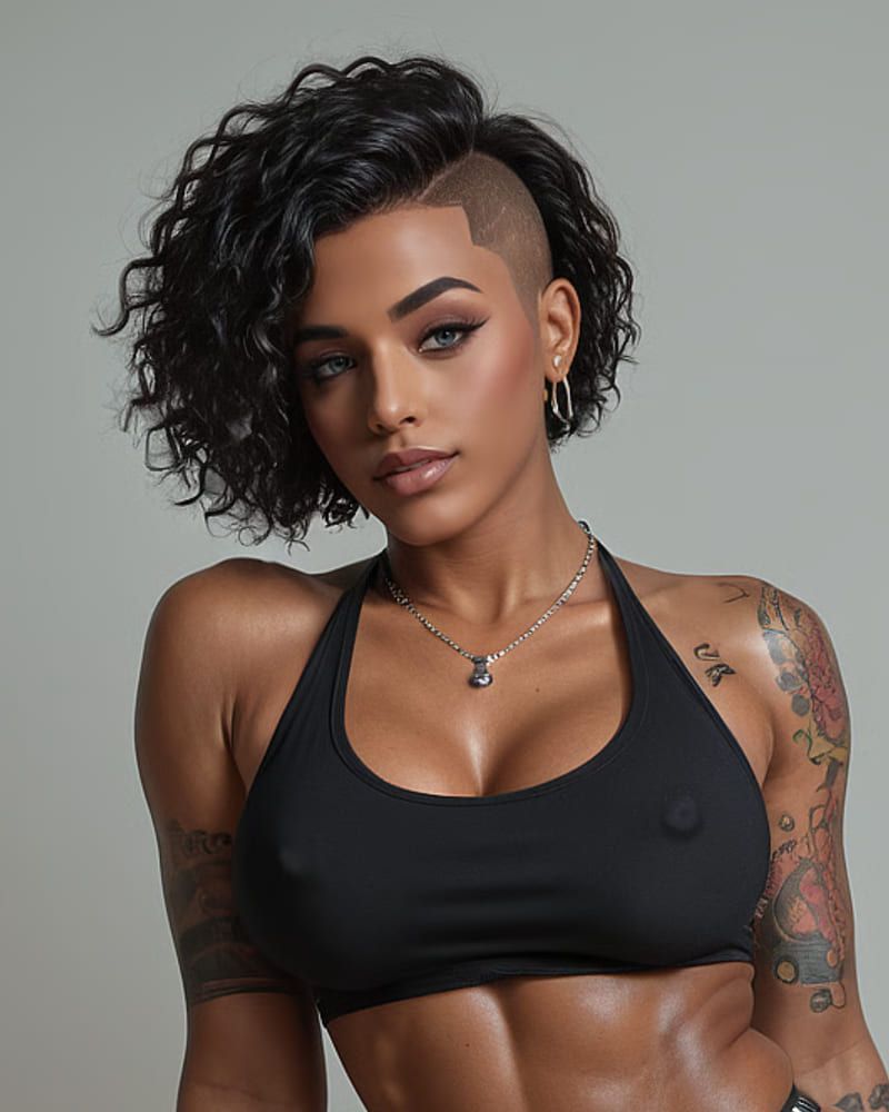 AI sissy Emma, a trans woman with a short black curly undercut and arm tattoos, in a black sports top on a bed.