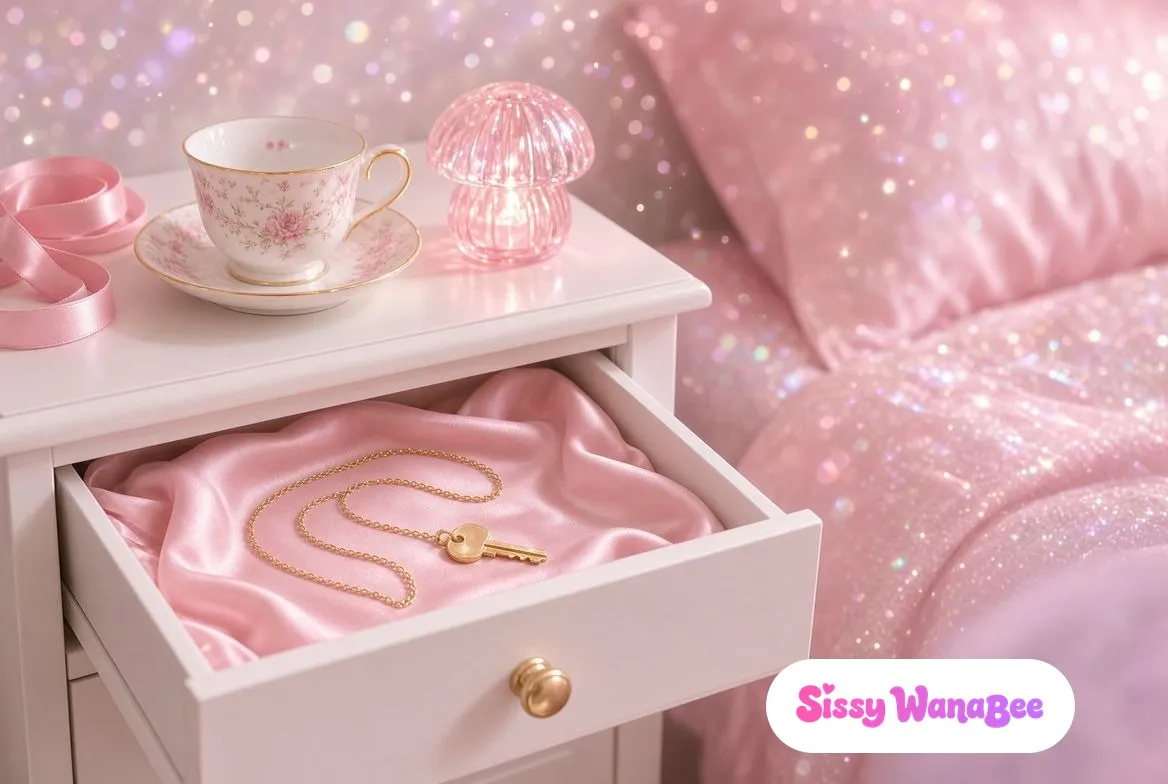 White bedside table with a round gold knob, its top drawer half open onto blush-pink satin where a fine gold chain lies in loose loops ending in a small plain gold key; on top, a coiled pink satin ribbon, a rose-painted porcelain teacup and a glowing pink glass lamp; beside it, glittering pink bedding, no people in frame