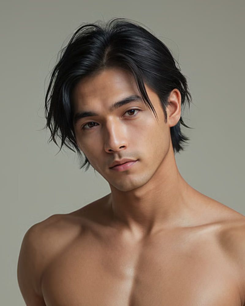 AI sissy Liam, a slim young man with shoulder-length black hair, kneeling and looking up at the camera.