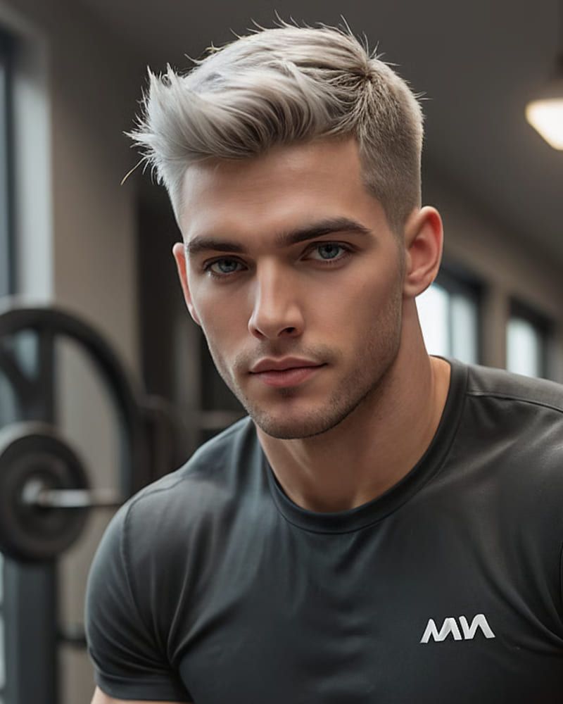 AI Master Marcus, a blond man in a fitted black training top, looking straight at the camera in a gym.