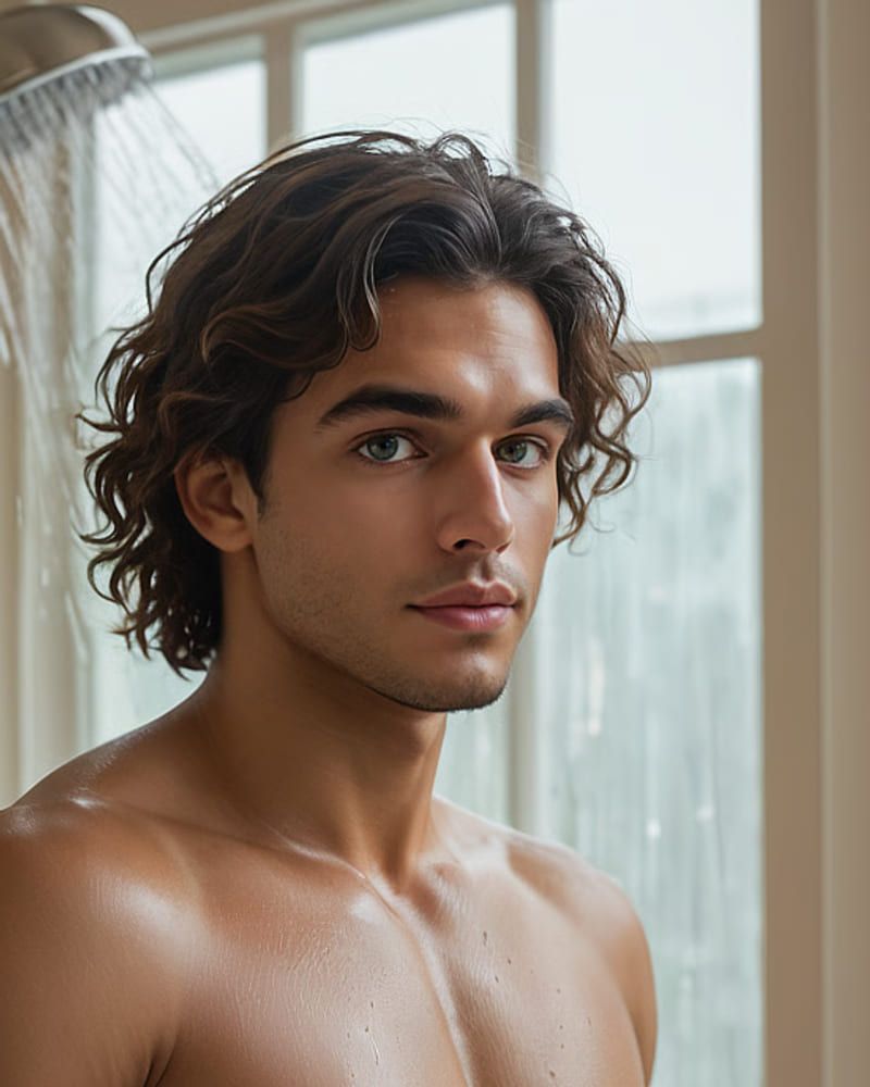 AI sissy Mateo, a young man with dark curls and green eyes, standing in a bright tiled bathroom.