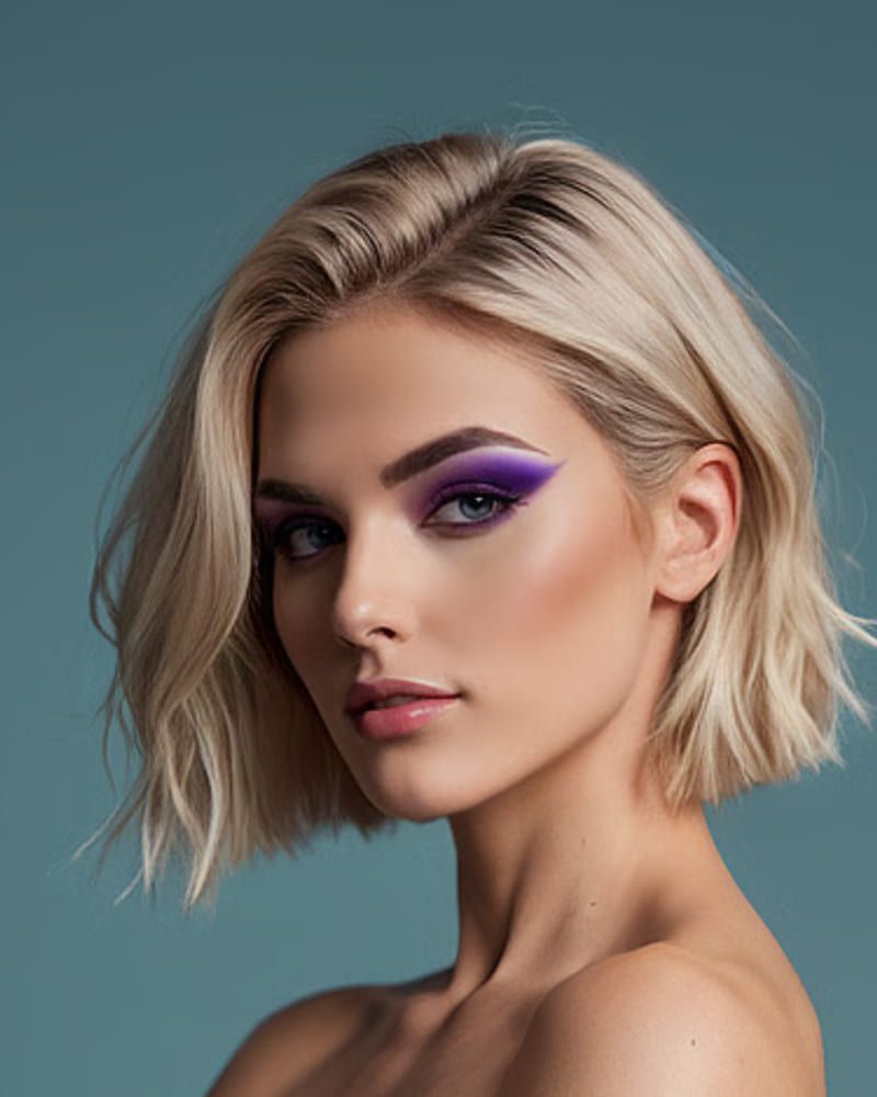 AI Mistress Nadia, a trans woman with a platinum blonde bob and sharp violet eyeliner, looking down at the camera.