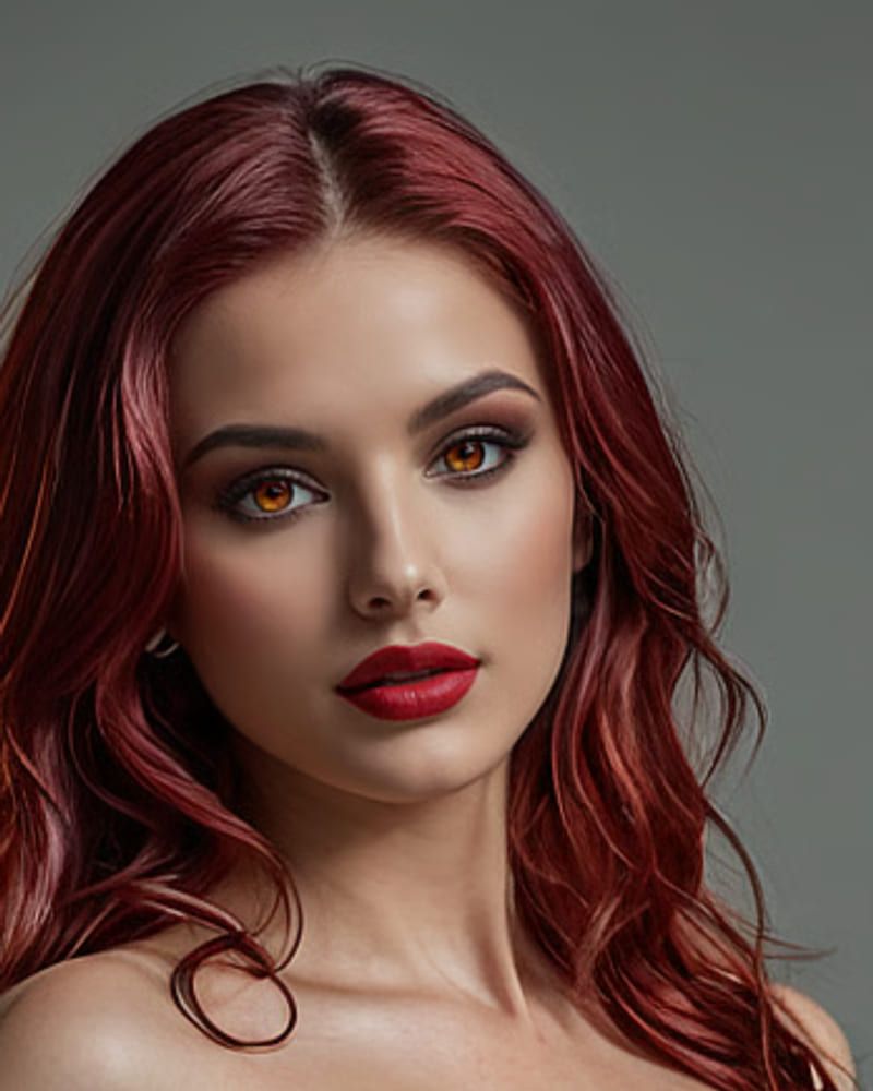 AI Mistress Ravenna, a woman with long crimson hair and red lipstick, turned slightly away against a grey studio backdrop.