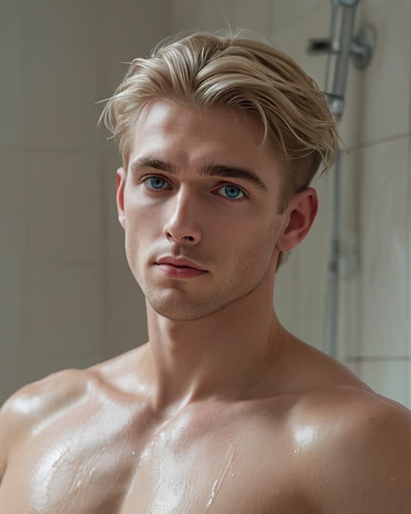 AI sissy Riley, a blond young man with blue eyes, standing under a shower and looking at the camera.