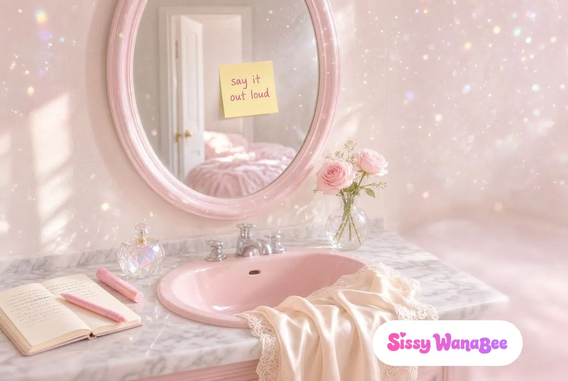 A pastel pink bathroom in soft morning light, an oval pearly pink mirror above a baby pink basin with a yellow sticky note on the glass reading 'say it out loud', the mirror reflecting an open white door and an empty pink bed beyond it, on the white marble counter an open notebook of handwritten lines with a pink pen across it, a pink lip balm, a faceted crystal perfume bottle and two pink roses in a glass vase, a cream satin slip with lace edges draped over the basin, no one in the room or in the reflection